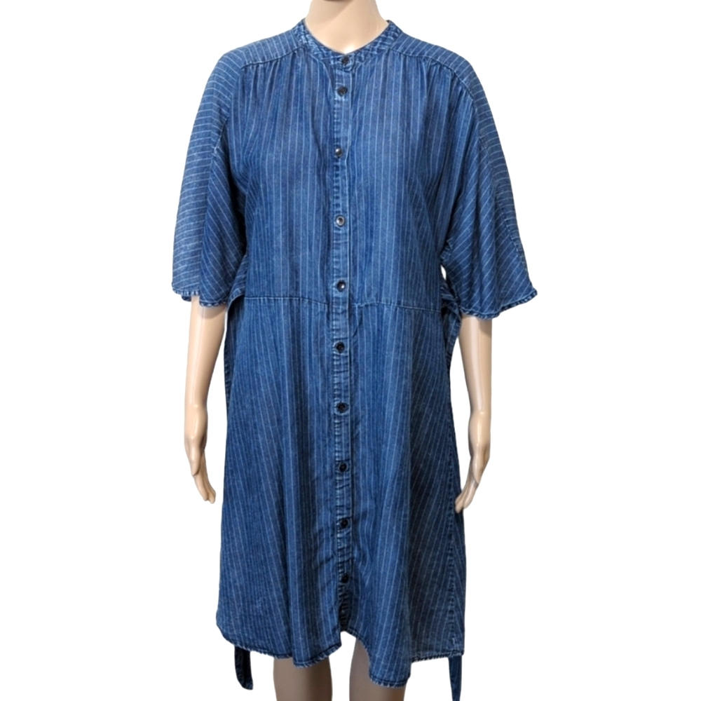 REBA Chambray Denim Acid washed Pinstripe Belt Tie Light Wash Midi Dress Size L